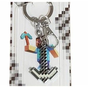 Minecraft Iron Pickaxe Keychain Metal Gray with Spilt Ring and Lobster Clasp